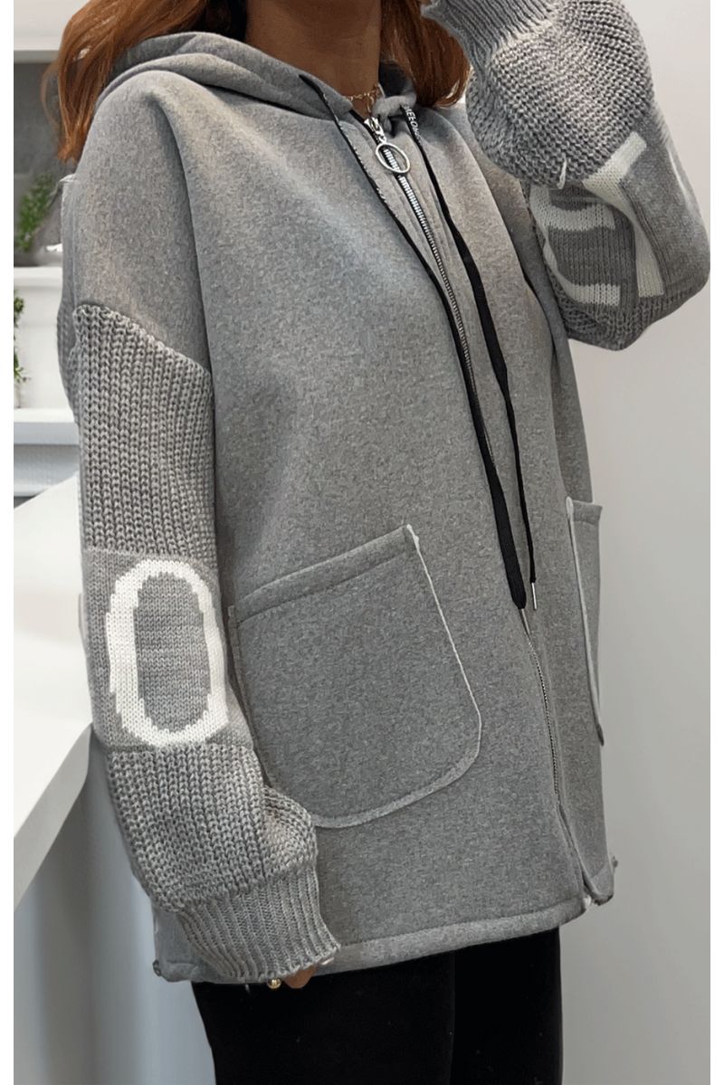 Gray cardigan with knit sleeves - 3