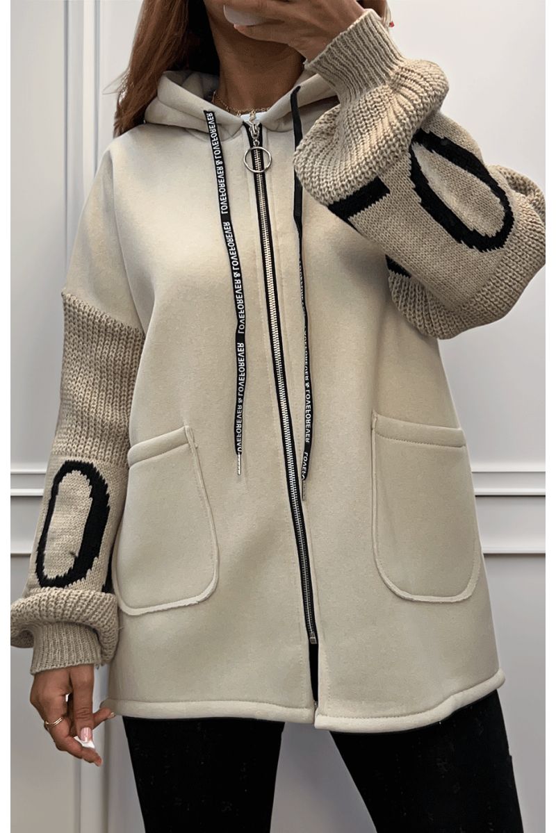 Beige cardigan with knit sleeves - 1