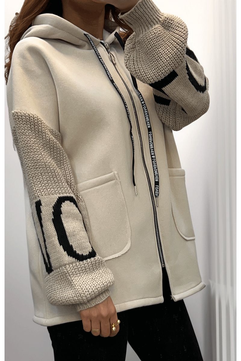 Beige cardigan with knit sleeves - 2