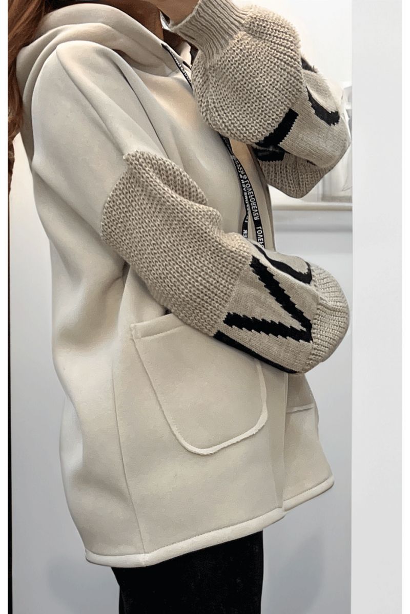 Beige cardigan with knit sleeves - 3