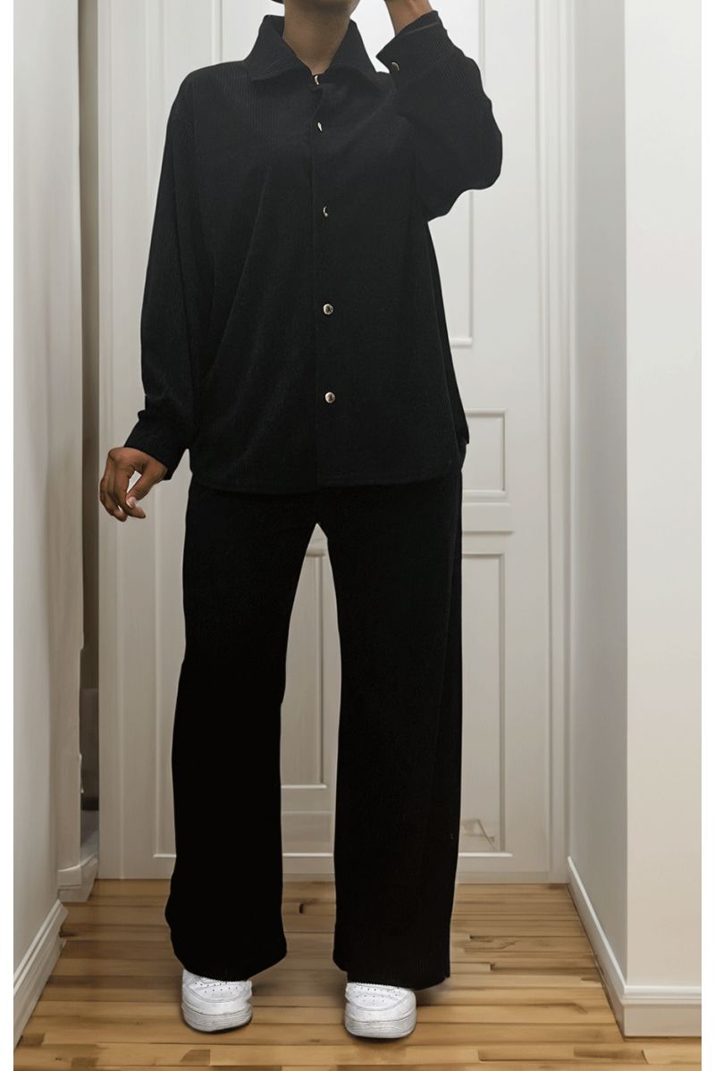 Ensemble chemise et pantalon effet côtelé noir - 2