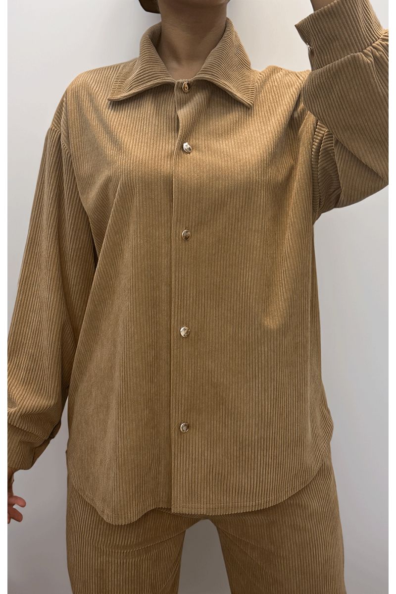 Ensemble chemise et pantalon effet côtelé camel - 1