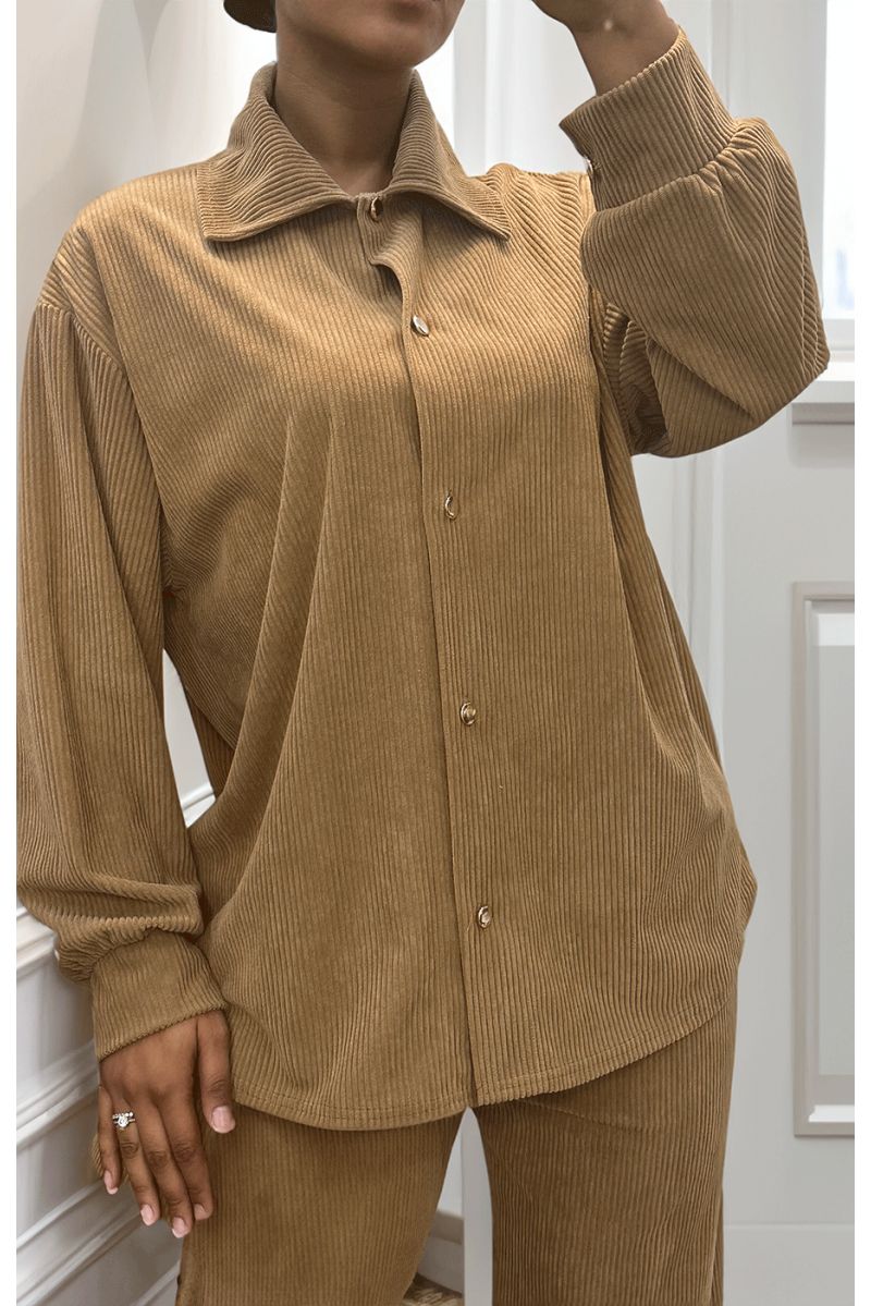 Ensemble chemise et pantalon effet côtelé camel - 2