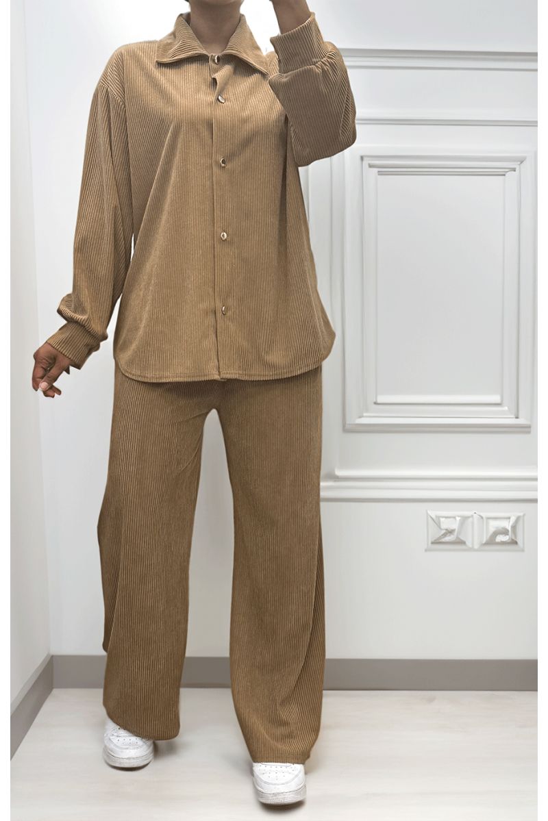 Ensemble chemise et pantalon effet côtelé camel - 3