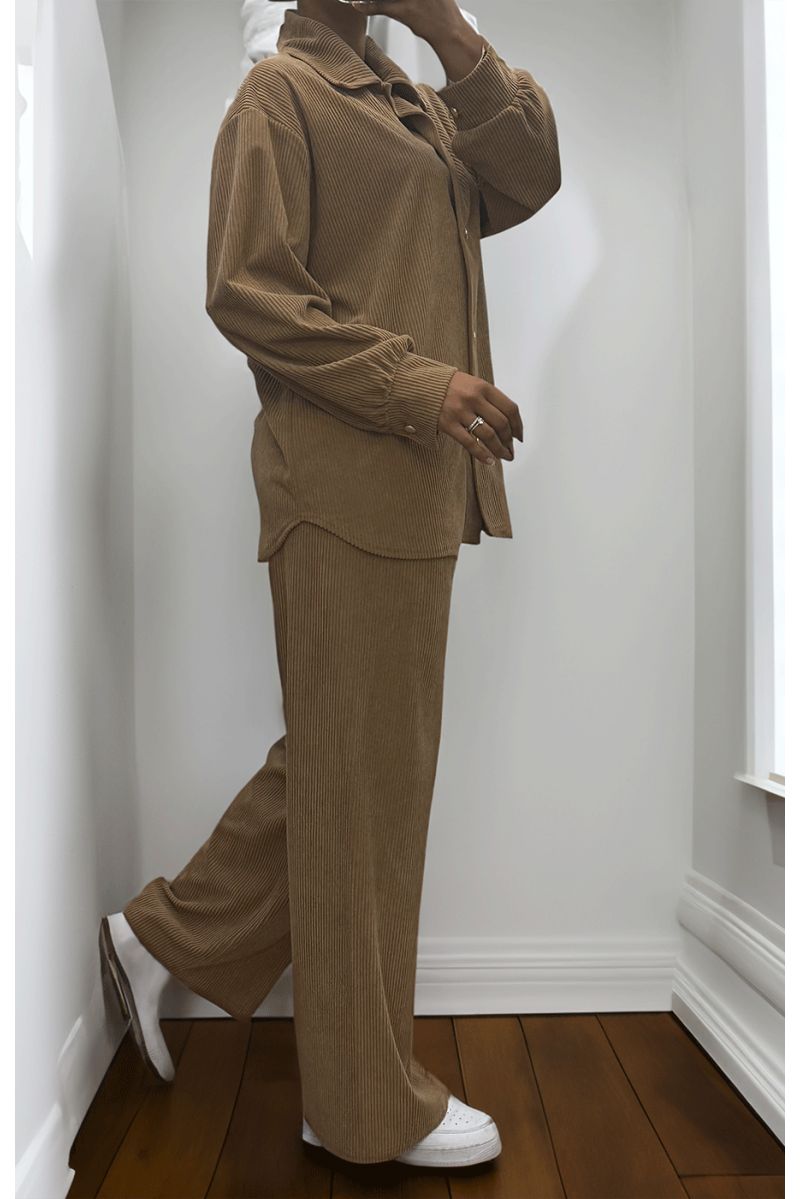 Ensemble chemise et pantalon effet côtelé camel - 4