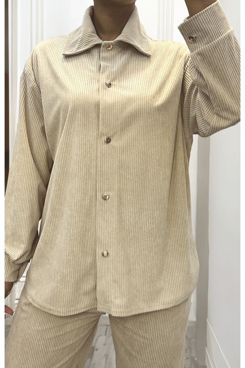 Set van overhemd en broek met beige geribbeld effect - 1