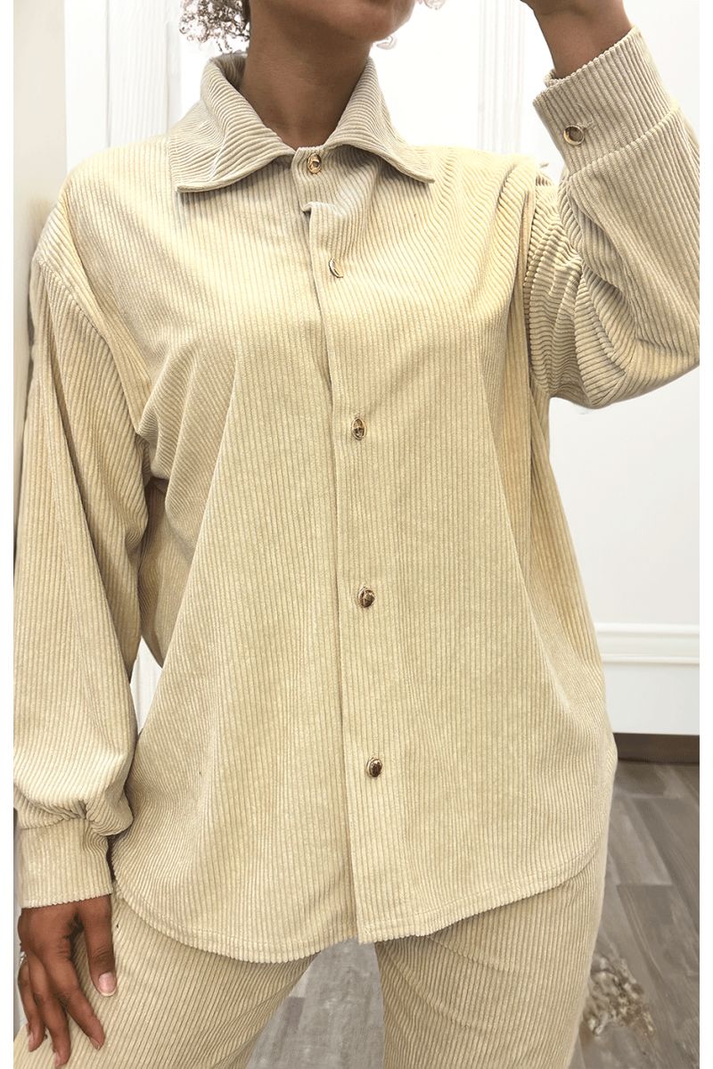 Set van overhemd en broek met beige geribbeld effect - 2