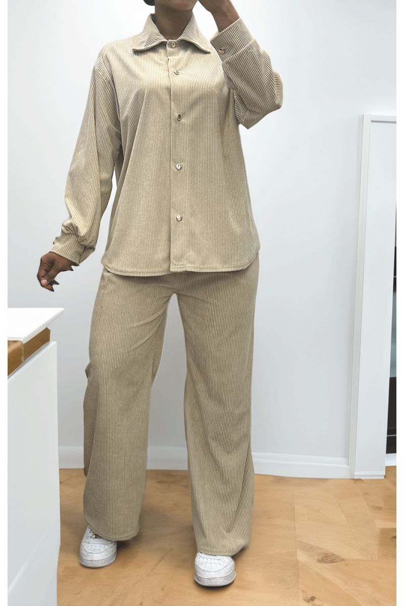 Set van overhemd en broek met beige geribbeld effect - 3