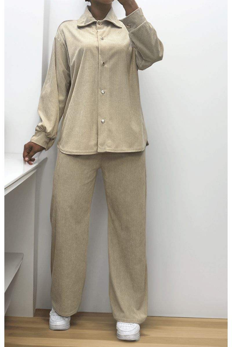 Set van overhemd en broek met beige geribbeld effect - 4