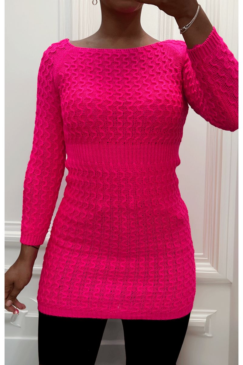 Magnifique robe pull rose bonbon joliment tressé cintré à la taille - 1