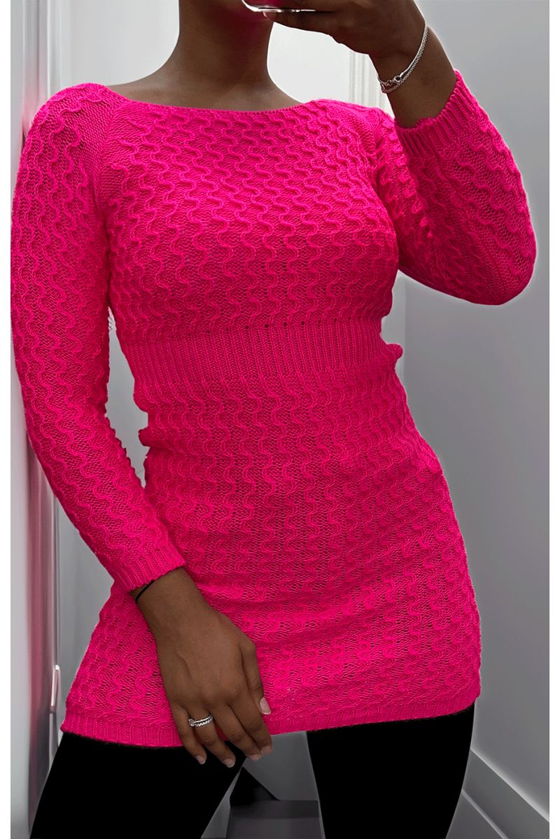 Magnifique robe pull rose bonbon joliment tressé cintré à la taille - 2