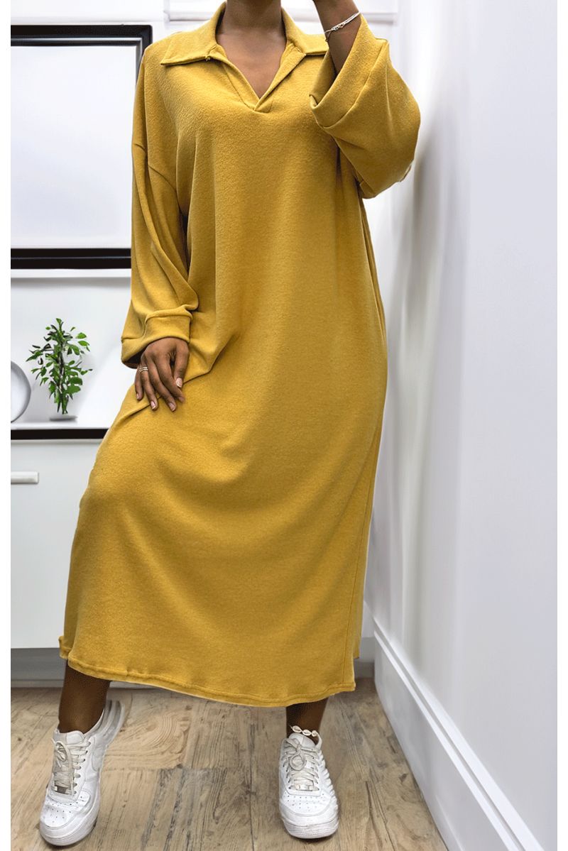 Simple mustard V-neck dress - 1
