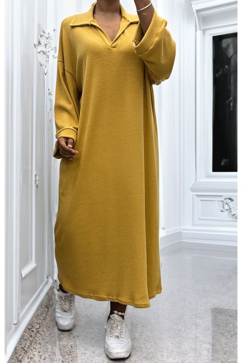 Simple mustard V-neck dress - 2