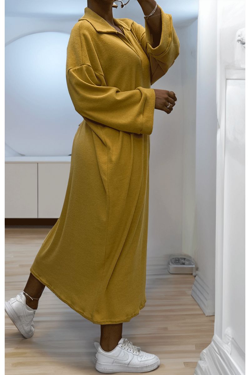 Simple mustard V-neck dress - 3