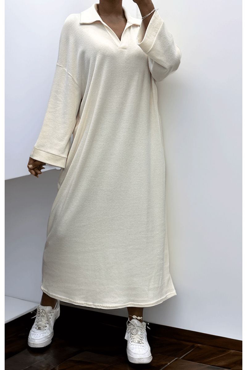 Simple ecru V-neck dress - 1