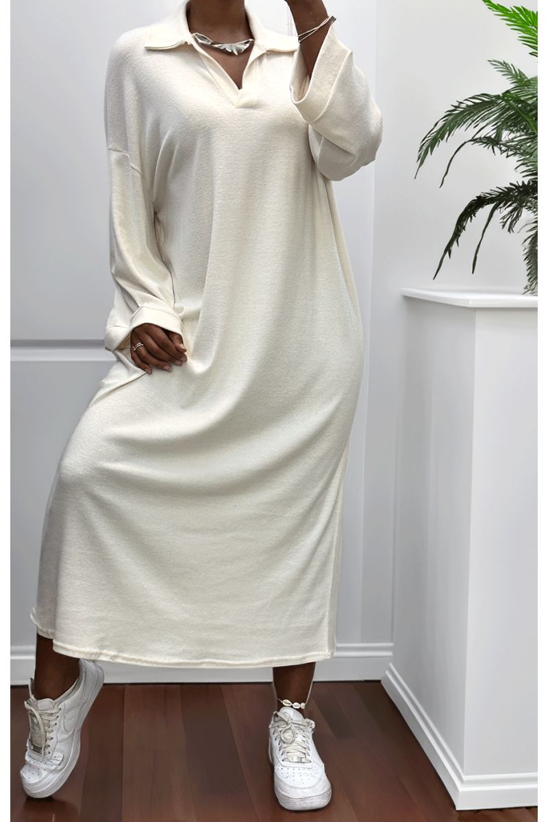 Simple ecru V-neck dress - 2