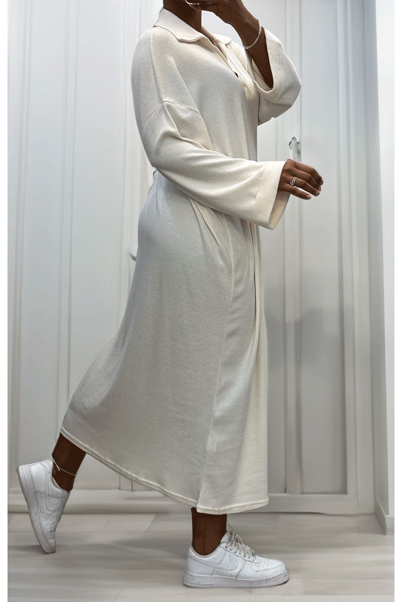 Simple ecru V-neck dress - 3