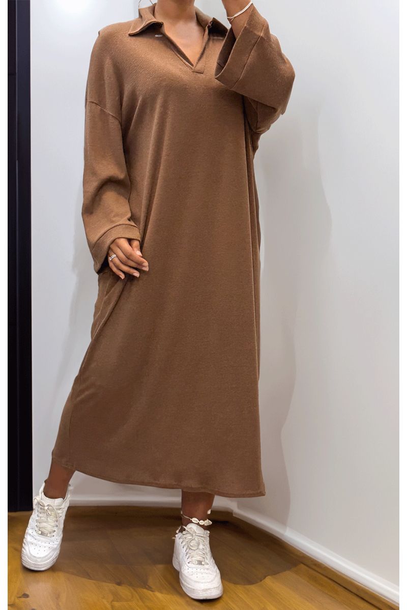 Simple brown V-neck dress - 1