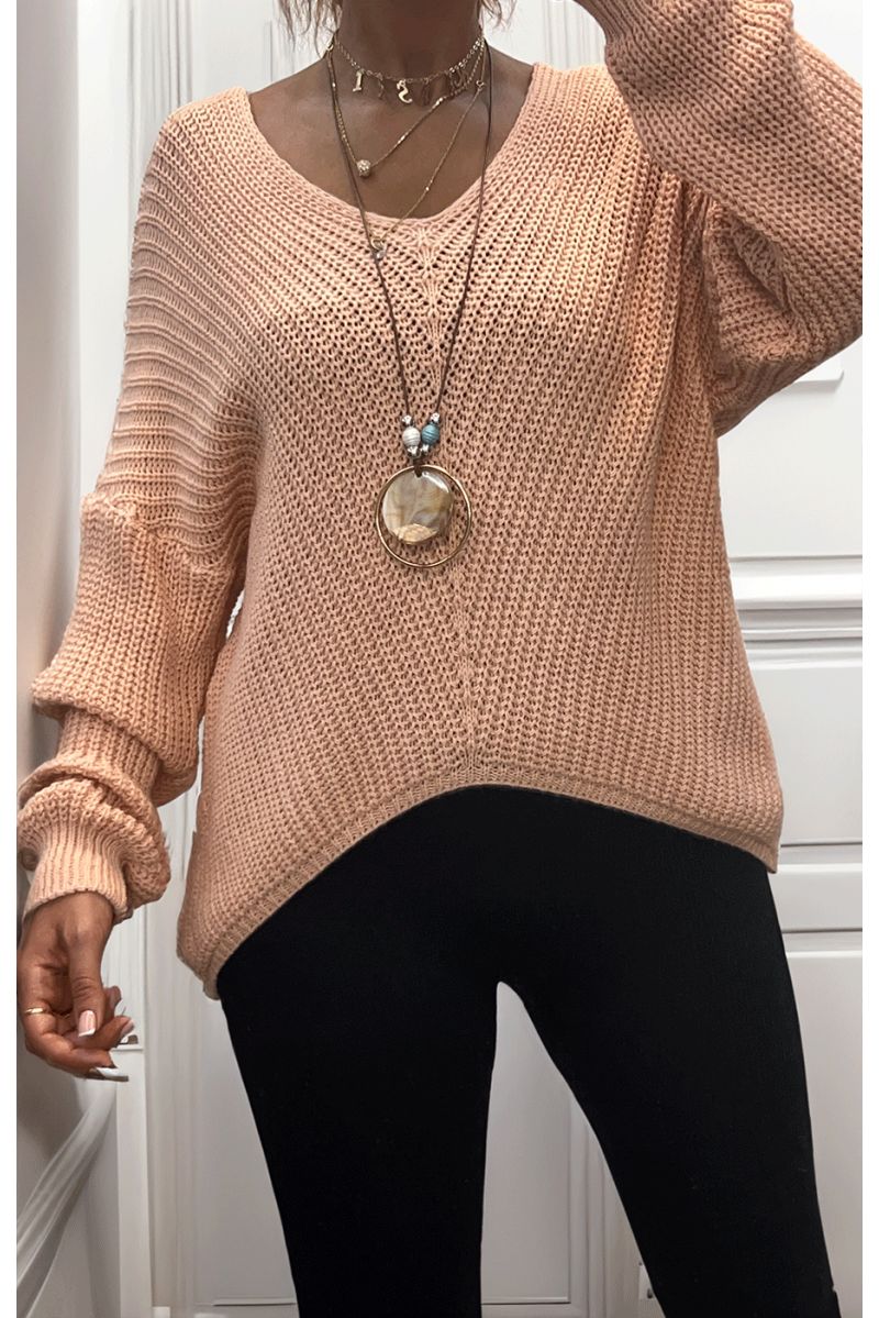 Roze kabelgebreide trui met lange ketting - 4