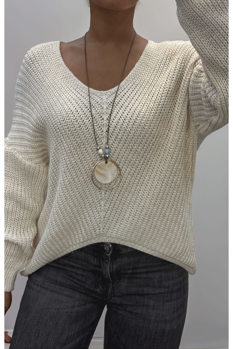 Pull beige en maille torsadée avec sautoir - 1