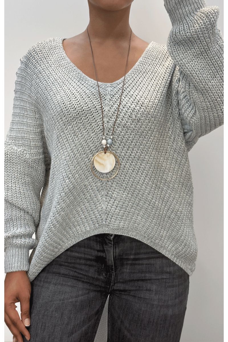 Gray cable knit sweater with necklace - 1