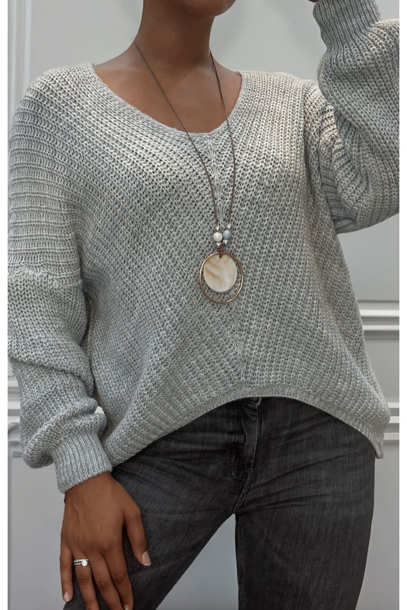 Pull gris en maille torsadée avec sautoir - 2