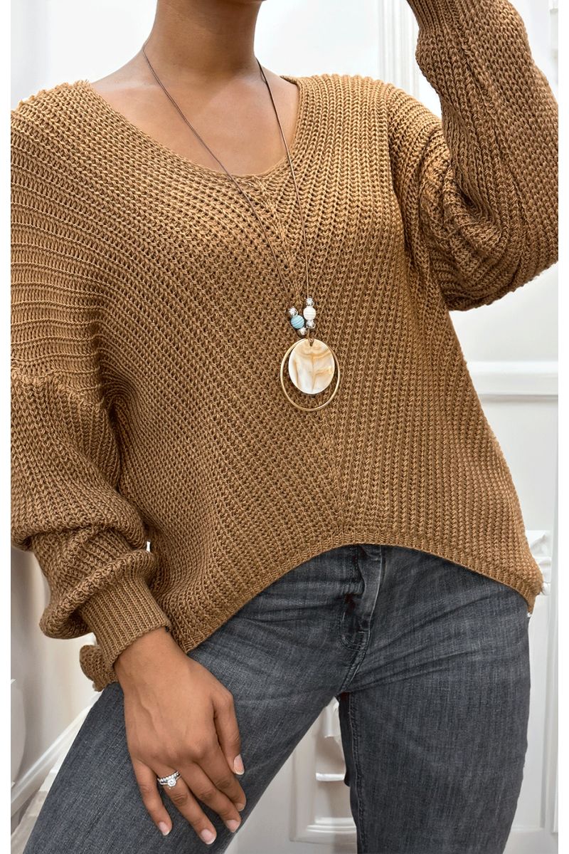 Camel kabelgebreide trui met lange ketting - 2