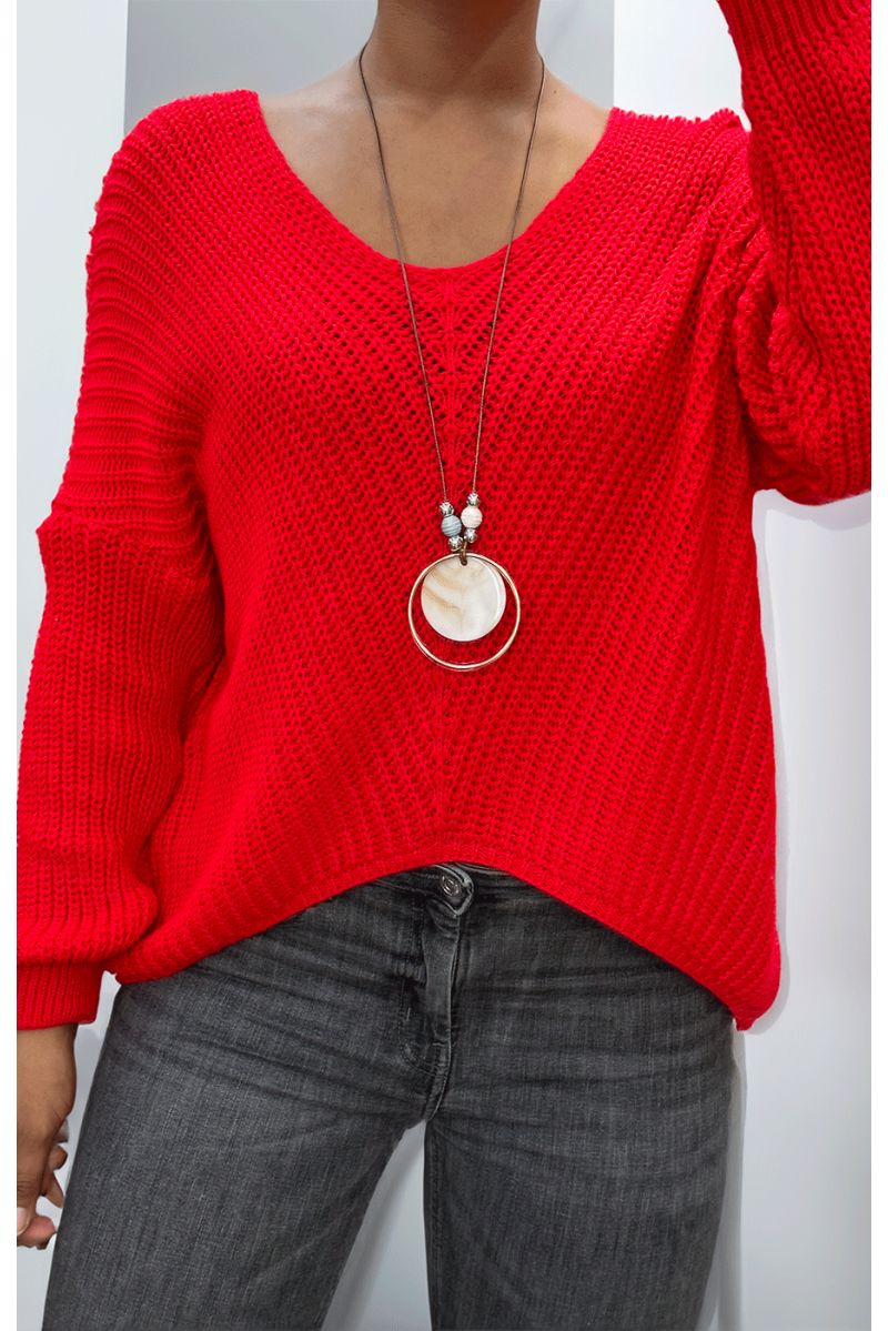 Pull rouge en maille torsadée avec sautoir - 1