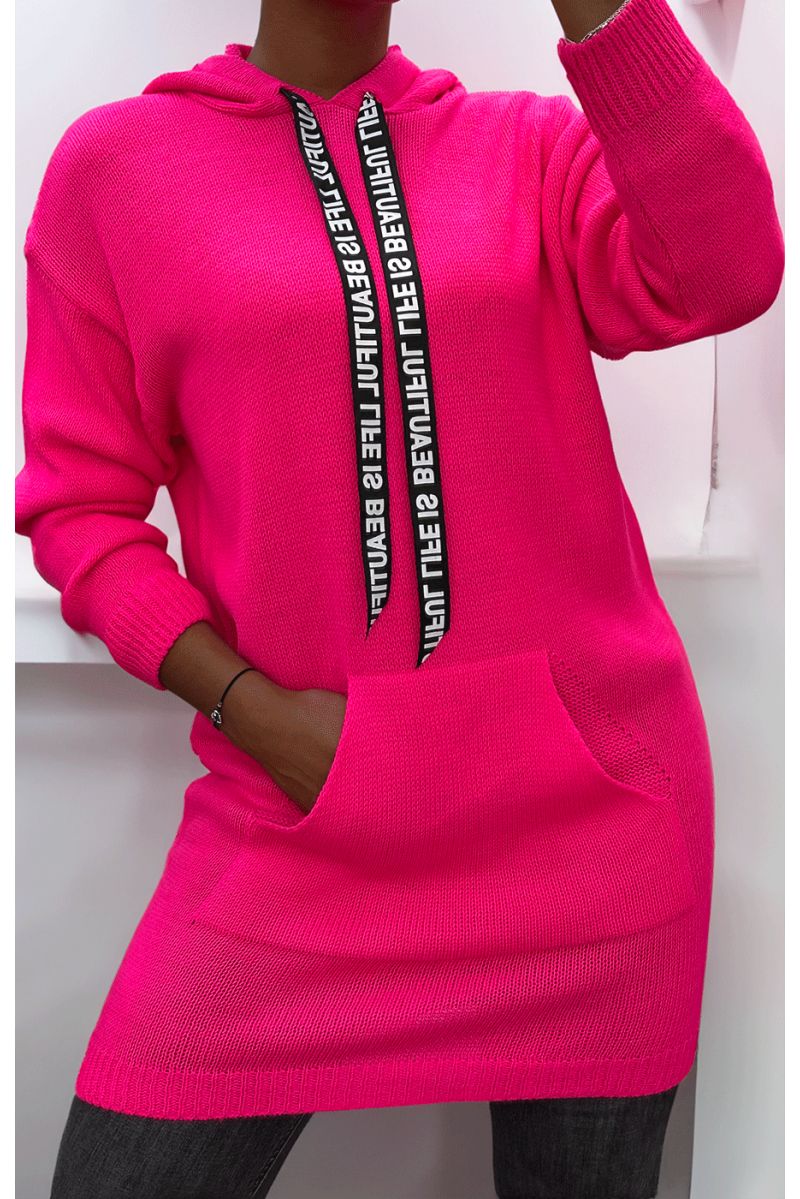 Pull tunique fuchsia en maille torsadée avec poche - 1