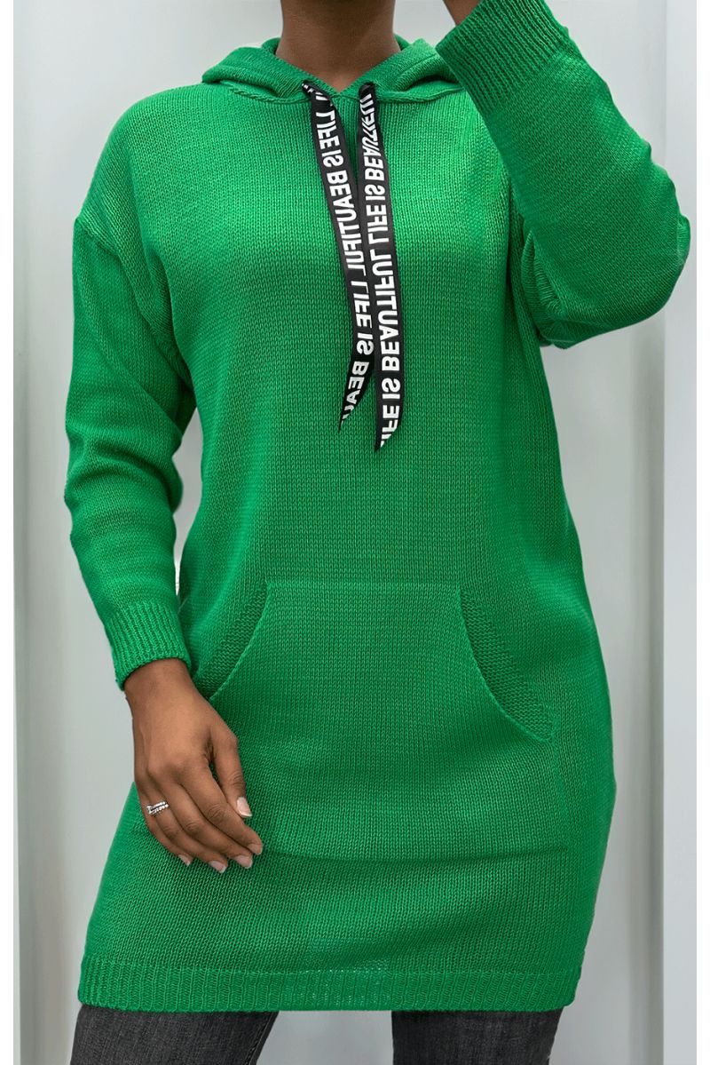 Pull tunique vert en maille torsadée avec poche - 1
