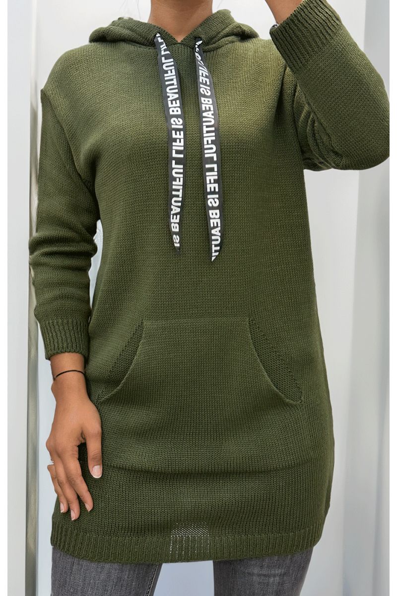 Khaki cable knit tunic sweater with pocket - 1