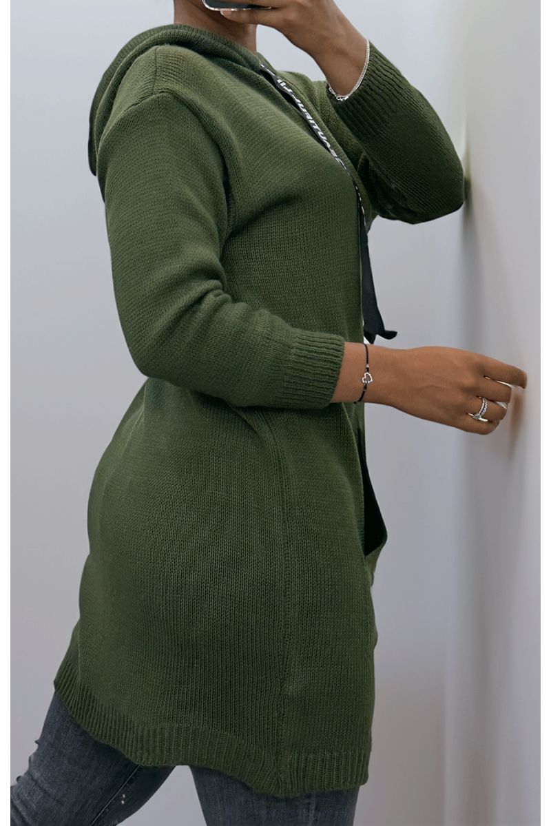 Khaki cable knit tunic sweater with pocket - 3