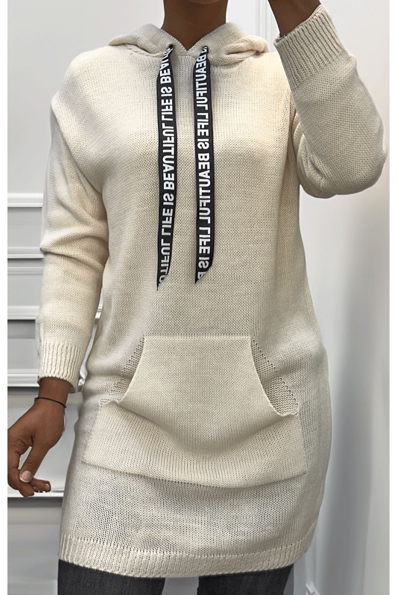 Beige cable knit tunic sweater with pocket - 1