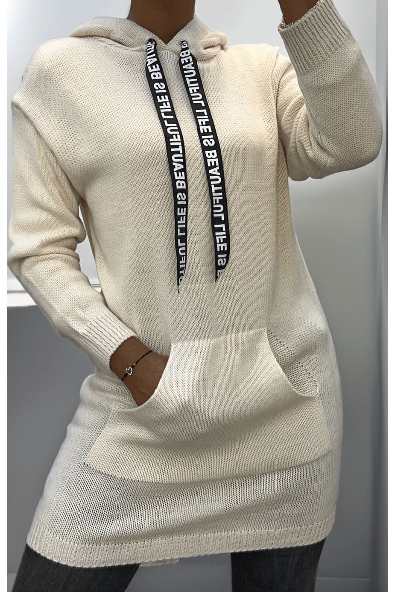 Pull tunique beige en maille torsadée avec poche - 2