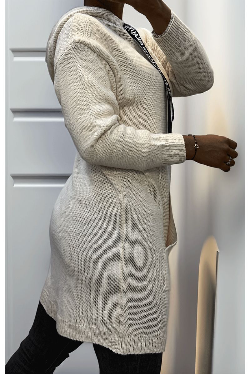 Pull tunique beige en maille torsadée avec poche - 3