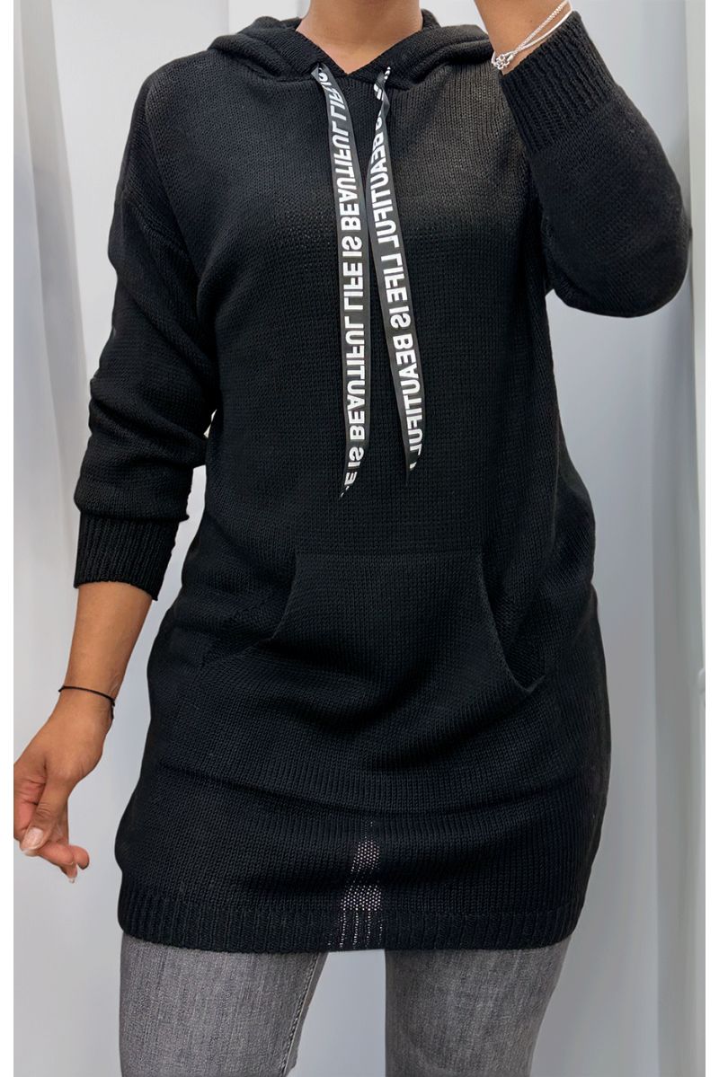 Black cable knit tunic sweater with pocket - 1