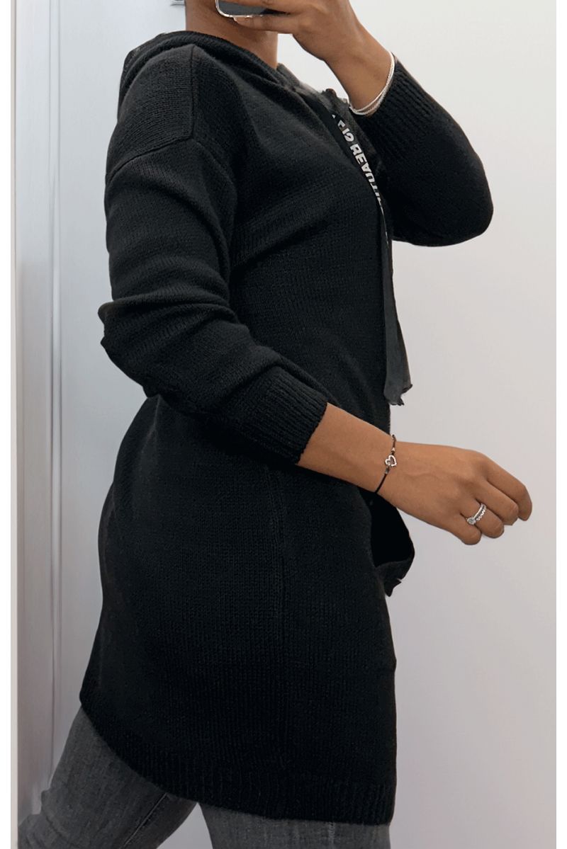 Black cable knit tunic sweater with pocket - 2