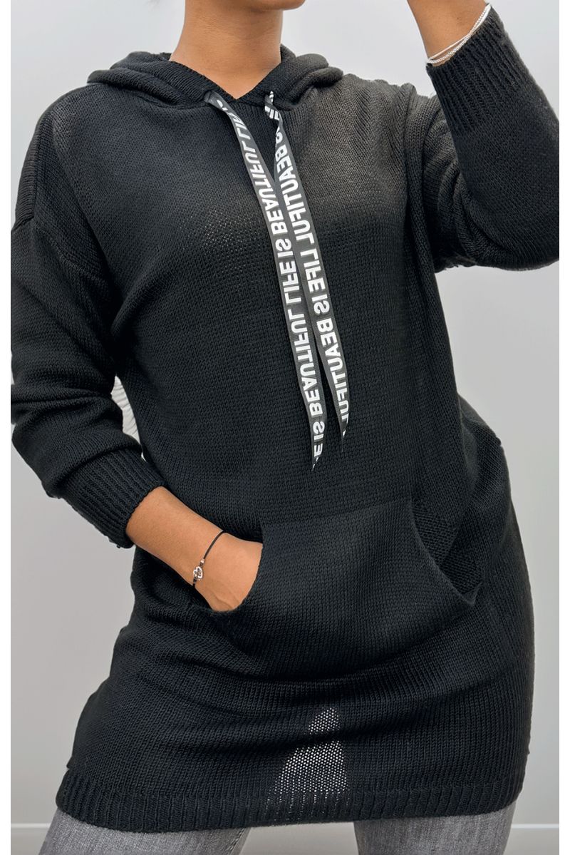Black cable knit tunic sweater with pocket - 3