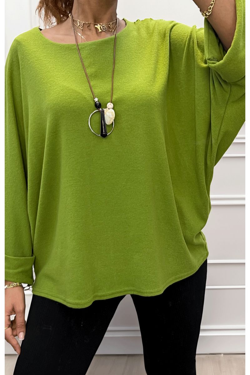Round neck pistachio top with long necklace - 1