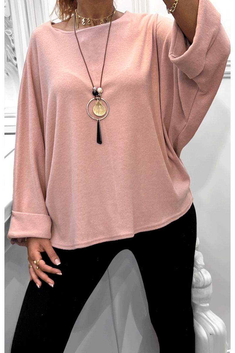 Haut rose col rond avec sautoir - 1