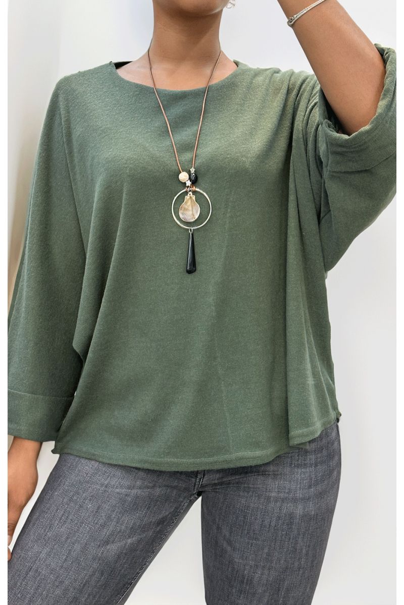 Kaki top met ronde hals en ketting - 1