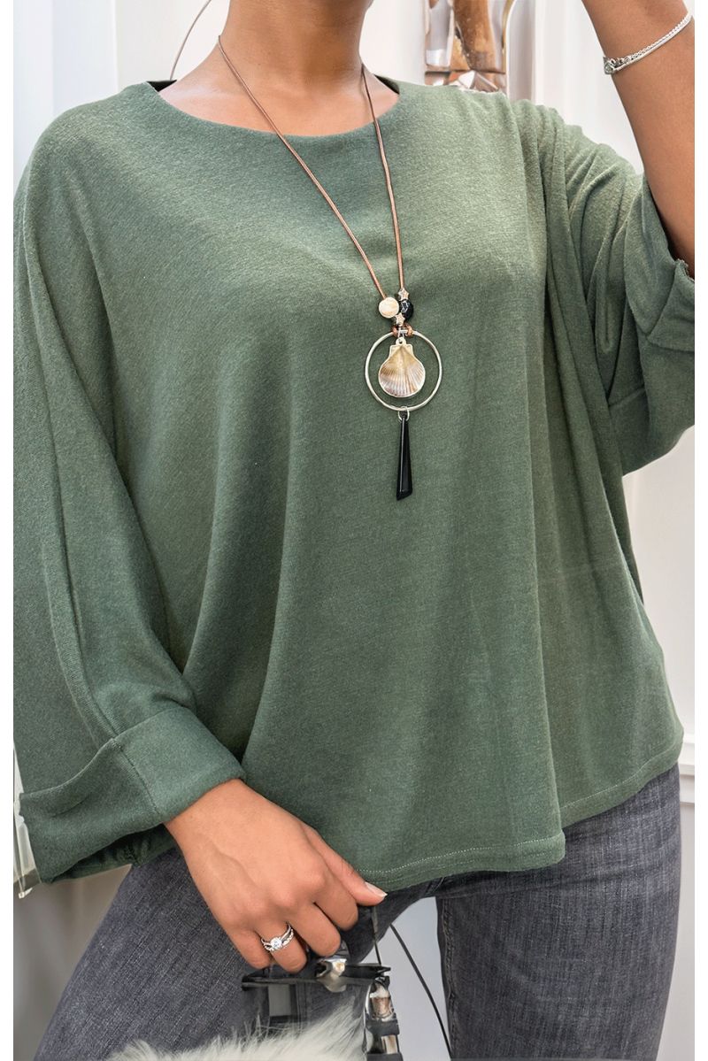Khaki round neck top with necklace - 2