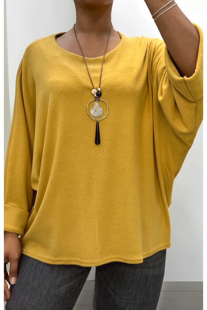 Mustard round neck top with long necklace - 1