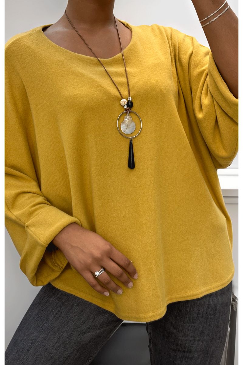 Mustard round neck top with long necklace - 2