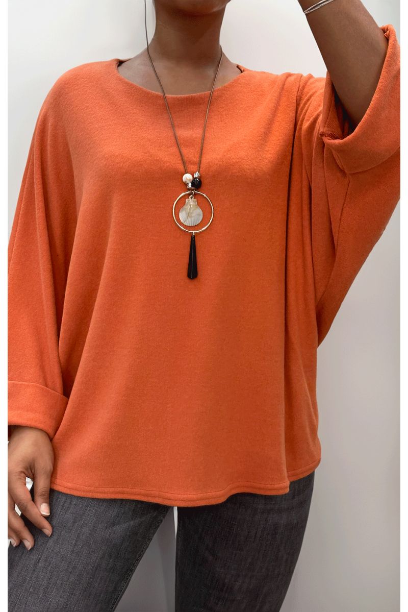 Coral round neck top with long necklace - 1
