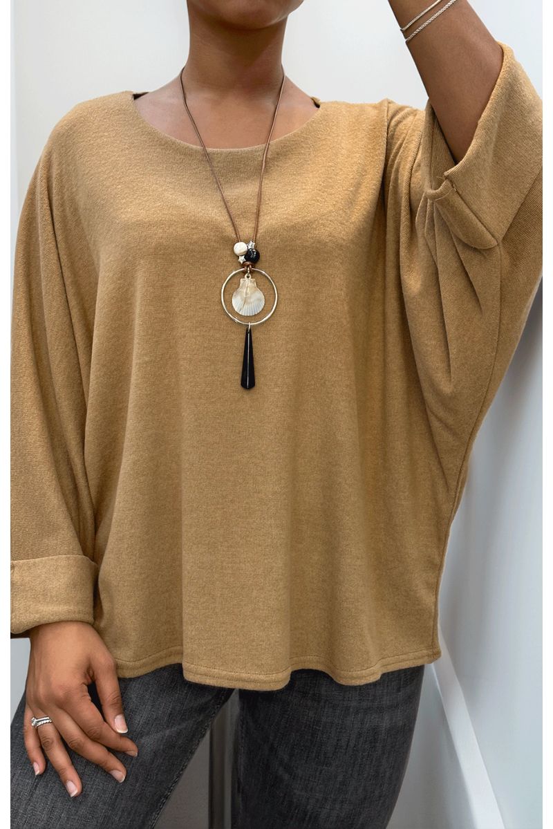 Camel round neck top with long necklace - 1