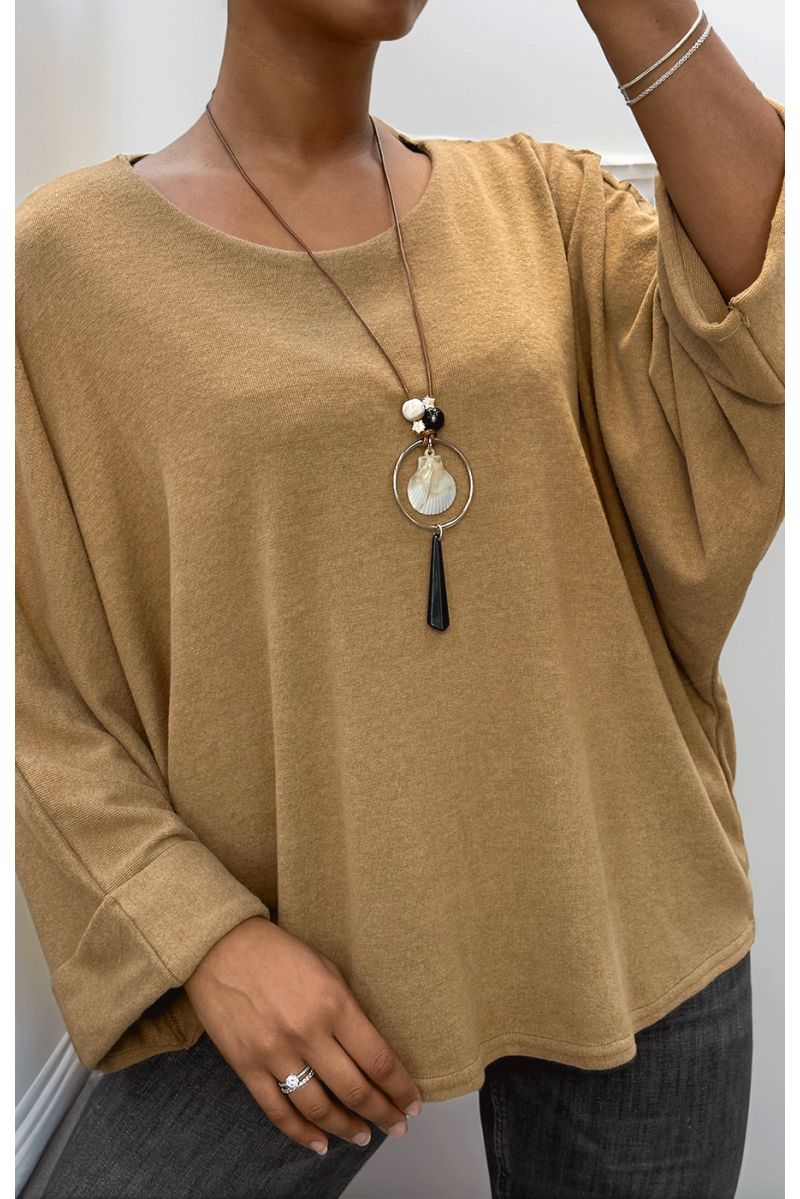 Camel round neck top with long necklace - 2