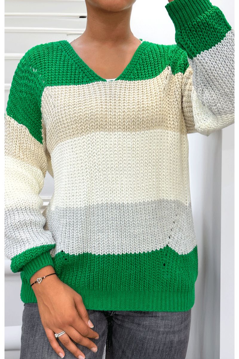 Green chunky knit v-neck sweater  - 1