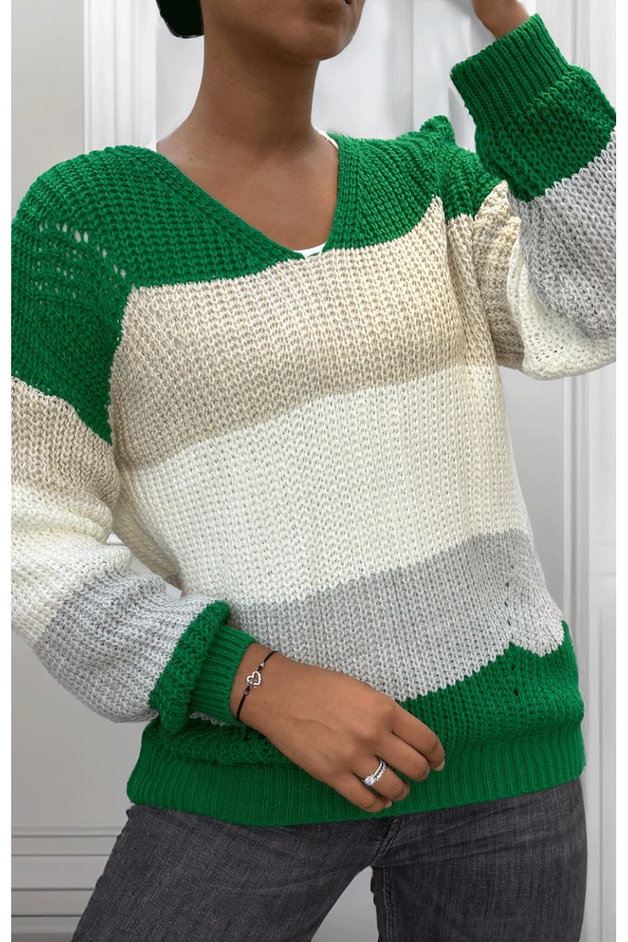 Pull vert grosses mailles col V