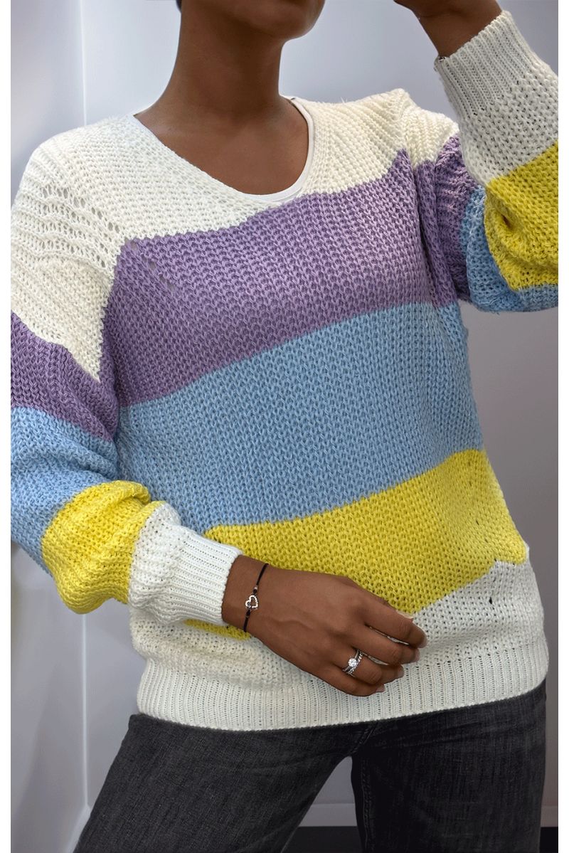 White chunky knit v-neck sweater - 2